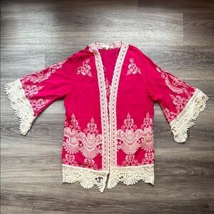 Solitaire Pink Garment with Cream Lace Lace Crochet Trim Kimono Cover up Boho